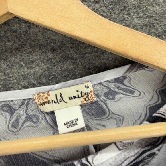 World Unity Blouse Women M Medium Black Geometric 3/4 Sleeve Round Neck Lined - Picture 3 of 9